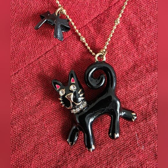 Betsey Johnson Black Cat Pendant Antique Gold Tone Necklace Rhinestone Rare 19' - Picture 8 of 12